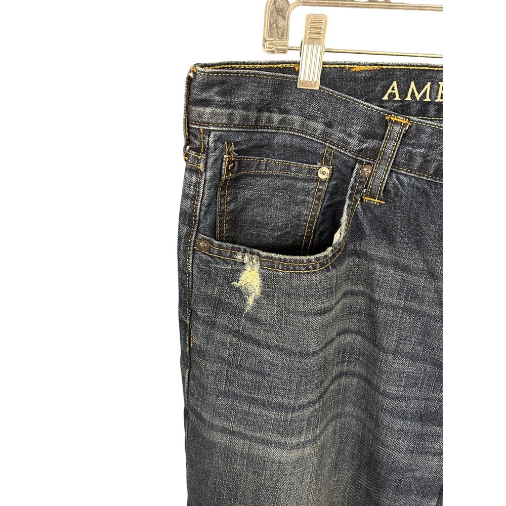American Eagle Slim Straight Jeans Mens 38x32 Dark Wash Distressed Denim Blue - Picture 5 of 8